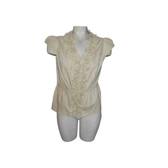 Du Jour XS Ivory Ruffled Pearl-Accent Cap Sleeve Blouse 100% Cotton Womens Top - Picture 1 of 6